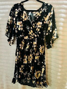 Xhilaration Black Midi Dress with Yellow Floral Print